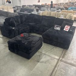 Black Corduroy Modular Sectional Sofa With Ottoman 