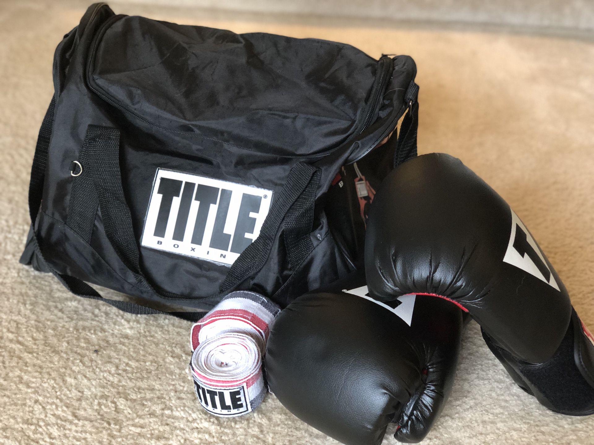 TITLE boxing bag, gloves, and straps