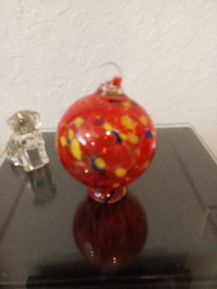 Art Glass Ball Table Top Ornament Orb Hand Blown Mottled Orange.