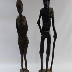 Vtg African Couple Dark Hard Wood Hand Carved Detailed Statues Ebony Tribal Art