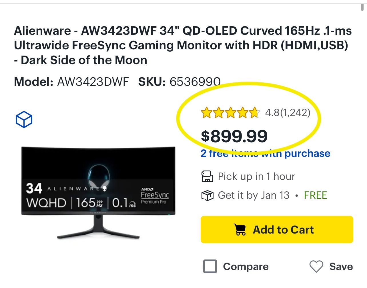 AlienWare 34 Curved QD-OLED 165hz Gaming Monitor 1440p 2K- AW3423DWF - LIKE NEW ๐๐ผ๐พ๐น๏ธ