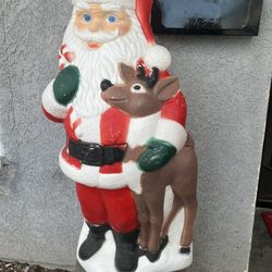 Vintage Santa Claus with Reindeer & Candy Cane Christmas Blow Mold