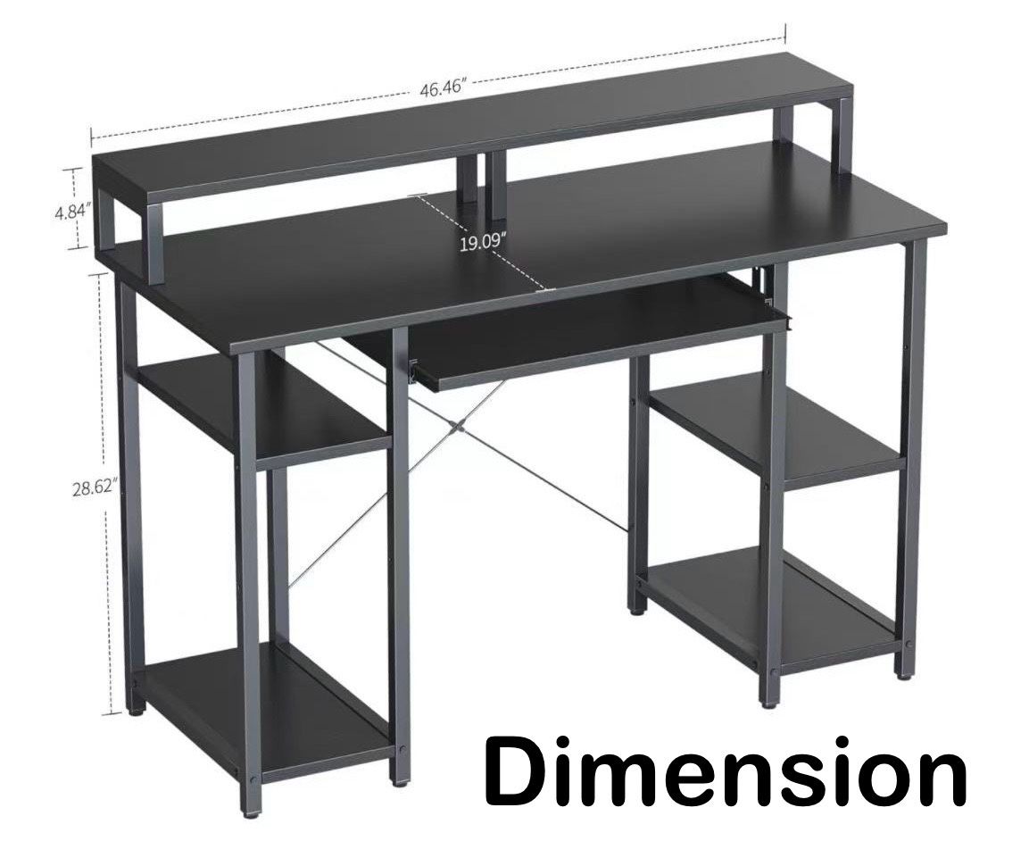 🥨47 Inch Computer Desk with Storage Shelves Monitor Stand Keyboard Tray, Home Office Desk, Study Writing Table, Black