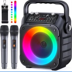 Karaoke Machine, Portable Bluetooth Speaker with 2 Wireless Microphones for Adults & Kids with Lights, Karaoke Microphone with PA System Supports USB/