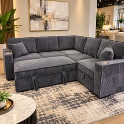 Gray Corduroy Sectional Sleeper Sofa with pull out bed
