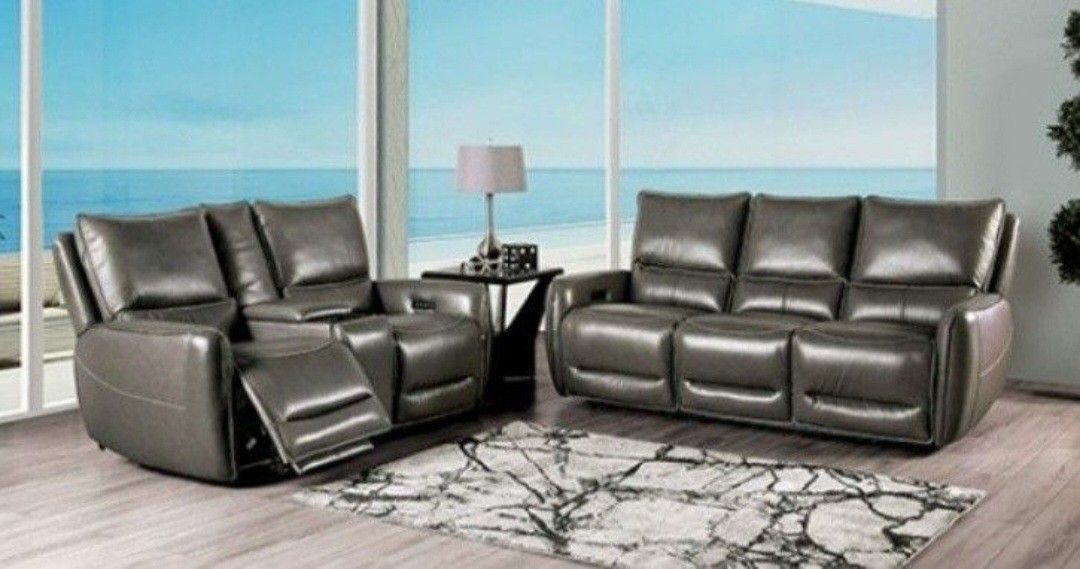 Brand New Gray Top Grain Leather Power Reclining Sofa And Love Seat