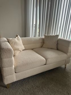 White Boucle Loveseat with Gold Legs