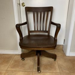 Vintage Heavy Solid Oak Rolling Desk Chair 