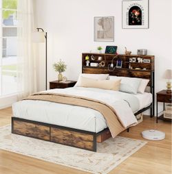 Queen Bed Frame, 2 nightstands and mattress.