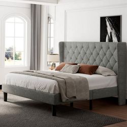 Full Size Bed Frame with Diamond Button Tufted Wingback Headboard, Upholstered Platform Bed Frame with Strong Wood Slat Support, Light Gray