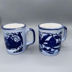 Vintage Currier & Ives coffee mugs featuring winter scenes Japan Set of 2