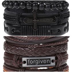 2 x Set Adjust. Size up to 9.5inc Leather Bracelet, (Cross-Forgiven)