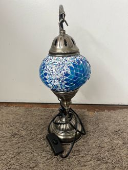 Blue Mosaic Hand Blown Glass Bell Jar & Handmade Swan Neck Lamp (LED Bulb included)
