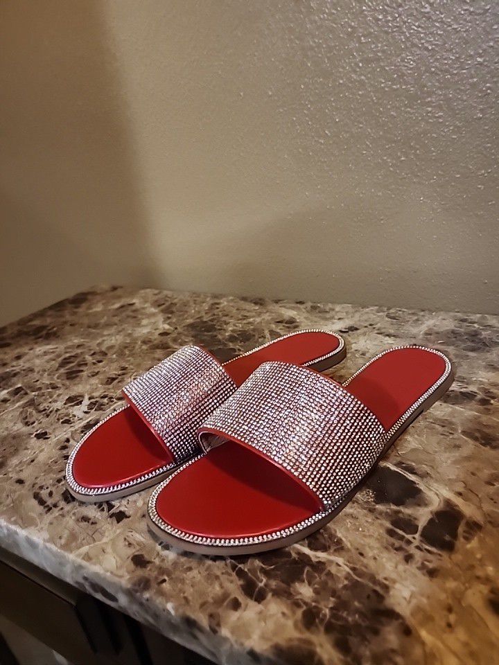 Women's Red Sparkly Sandals Slides US Size 10  Size 43  Cute New No Box Summer