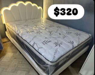 Bed with lighting and 12-inch-thick pillow-top mattress Queen sizes
