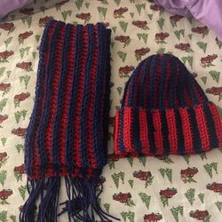  Crochet Blue And Red Beanie And Scarf 
