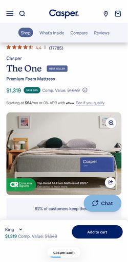 New but unboxed CASPER KING sized mattress called The One— Retail $1,319