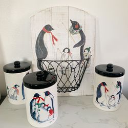 Cynthia Dunn Christmas penguin family canister and card holder set
