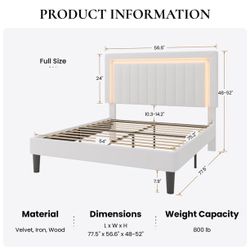 SHA CERLIN Full Size Velvet Bed Frame with LED Light, Adjustable Vertical Channel Tufted Headboard, Strong Wooden Slats Support, Noise-Free, No Box Sp