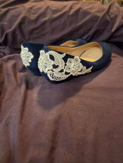 Navy Blue Suede and Lace Shoes, Size 6