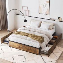 Amolife Full Size Platform Storage Bed Frame with 4 XL Drawers, Metal Slat Support, Brown