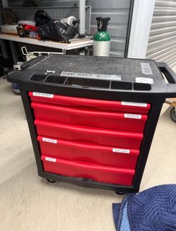 Rubbermaid® Mobile Workcenter - 32 x 21 x 33" $550 with all tools shown or $375 without tools. PICK UP IN ORTING.