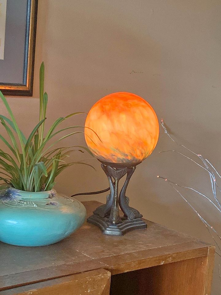 Antique Art Nouveau Figural Art Glass Table Lamp Brain Lamp Red Sphere Dolphin Spelter Frankart