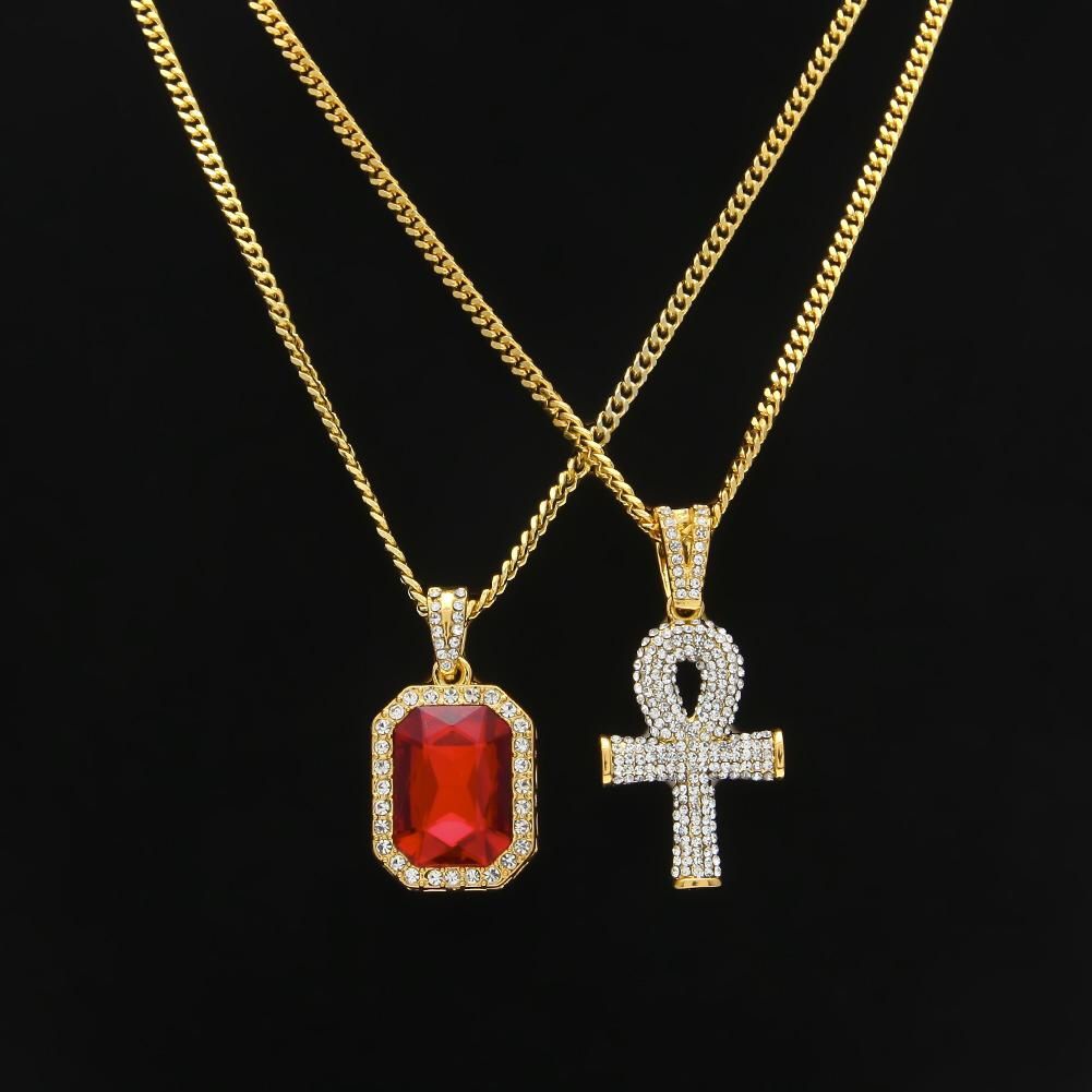 Gold plated chain set with ruby pendant and Egyptian Ankh key