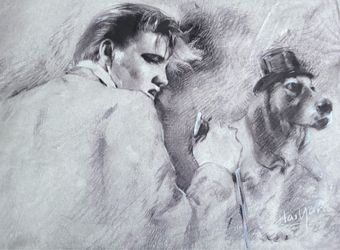 Elvis Presley Charcoal Drawing By Hai Yan Signed With Matte And Plastic Cover
