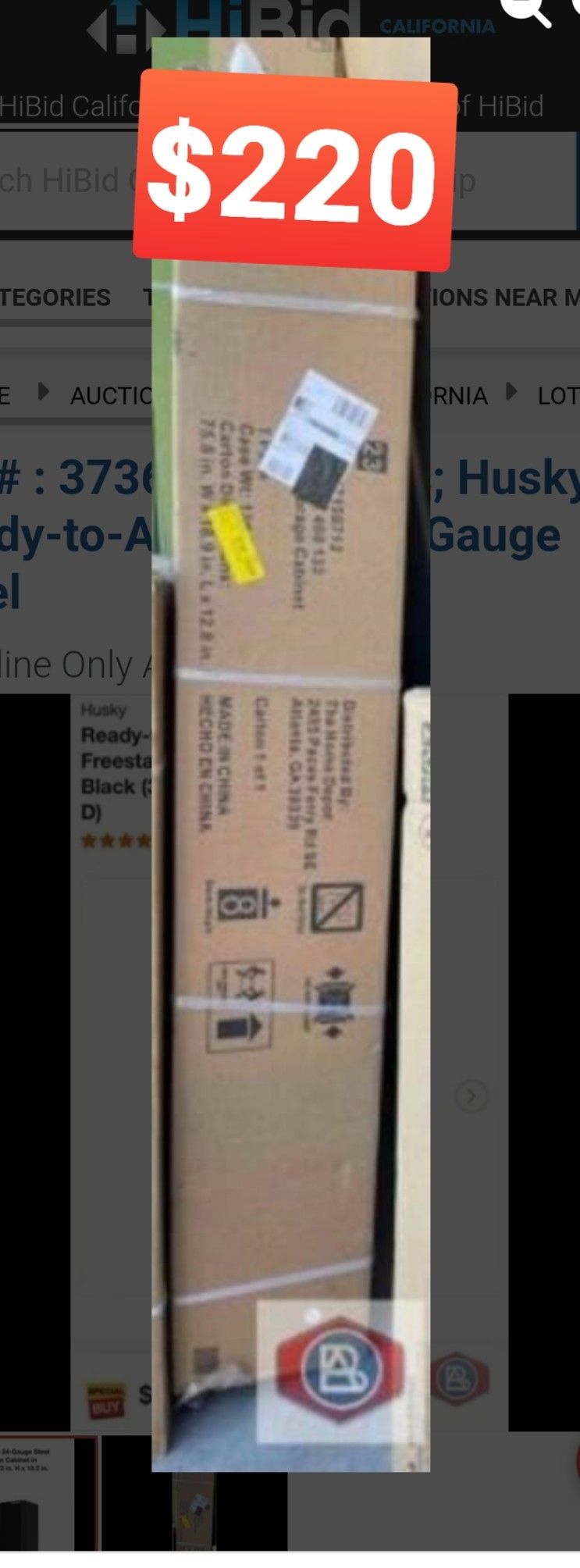 Husky Free Standing Garage Cabinet Ready To Assemble 36.6 in X 72 in C 18.3 in
