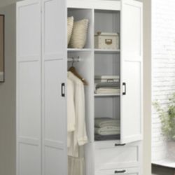White Wardrobe Cabinet Armoire with 2 Drawers and Hanging Rod