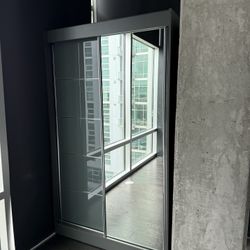 Grey Wood Freestanding 2 Slide Doors Wardrobe Cabinet 