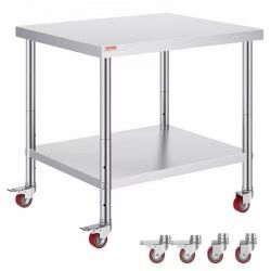 Stainless Steel Work Table 36 x 30 x 34 Inch, 700 LBS Load Capacity with 4 Wheels, 3 Adjustable Height Levels, Heavy Duty Food Prep Worktable for Comm