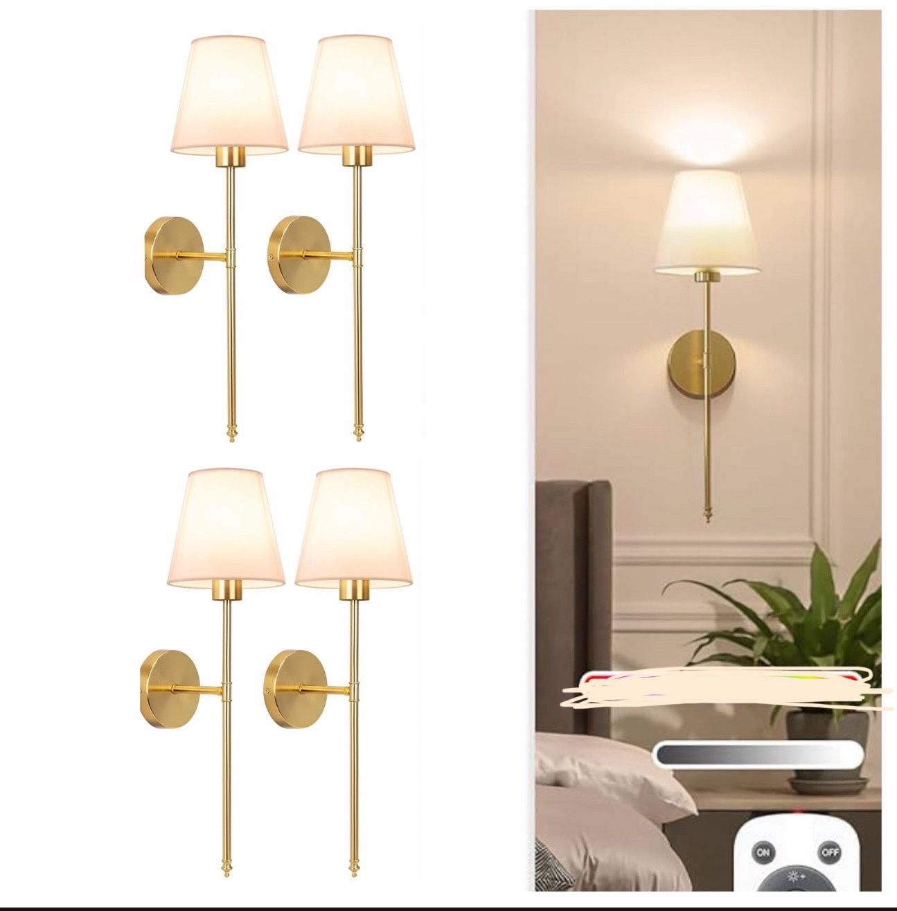 Set of 4 Gold Rechargeable No wires Wall Lights Battery Operated