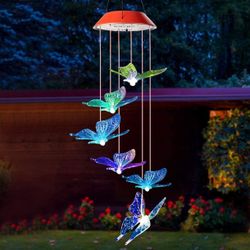 Wind Chime Outdoor, Solar Butterfly Wind Chime Color Changing LED Mobile Wind Chime Make a Best Birthday Gift for Mom Grandma, Hanging Decorative Pati