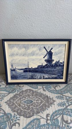 Framed Delft Blue Windmill Tile Panel