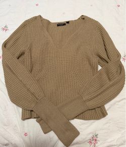 Tan Ribbed V-Neck Sweater, Size L