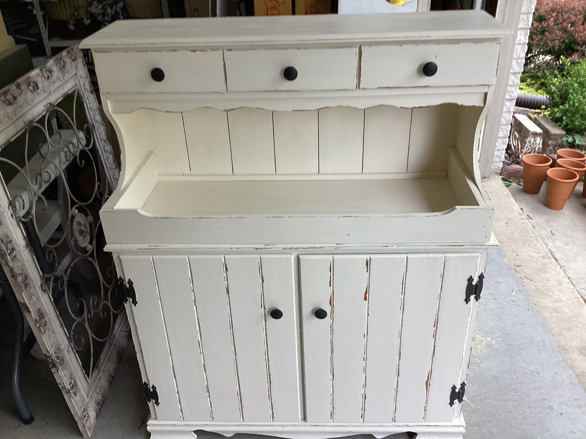 2 piece dry sink off white all wood 15 deep-37 wide- 45.75 tall solid / sturdy ..3 drawers - 2 doors opens to a shelf ,plenty of storage.