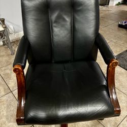 Set Of Four Wooden Leather Chairs
