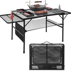 Brand New Folding Grill Table 4.4FT Adjustable Height Portable Camping BBQ Table w/ Side Panels &Sto