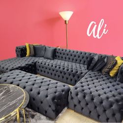 MODERN POLO DOUBLE CHAISE VELVET SECTIONAL LIVING ROOM SET - BLACK