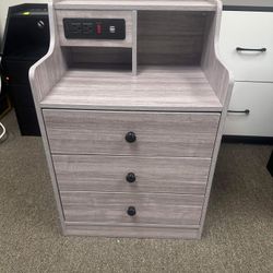 Nightstand with Charging Station, Night Stand with Hutch & Storage Drawers, End Table Side Table Bedroom,Grey