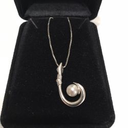Sterling Silver Fish Hook and Pearl Necklace