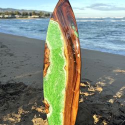 Surfboard Art, Hawaiian Monkeypod, And Green Epoxy, 66 Inches