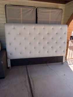 King size padded headboard and frame plus box spring and mattress