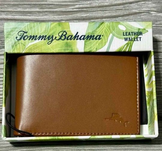 Tommy Bahama Wallet Men's Bi Fold Tan Leather Card Case Brown Marlin Embossed