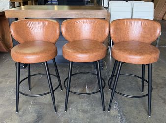 New assembled Bar Stools Set of 3， 26" Counter Height Swivel Bar Stools, Upholstered Leather Barstools with Back Footrest Metal Legs, Stools for Kitch