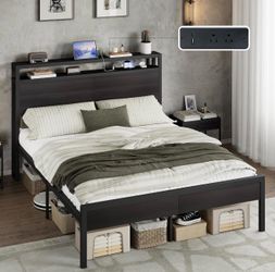 King Size Bed Frame with Storage Headboard and Charging Station