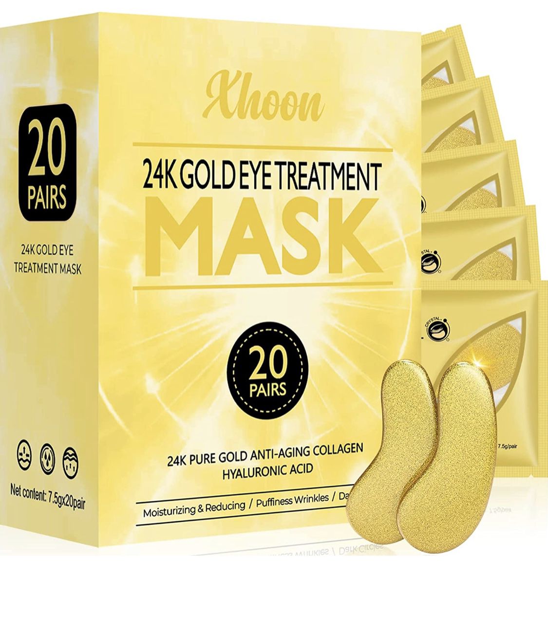 Xhoon 24K Gold Under Eye Patches - 20 Pack Under Eye Mask Amino Acid & Collagen, Under Eye Mask for Face Care, Eye Masks for Dark Circles and Puffines