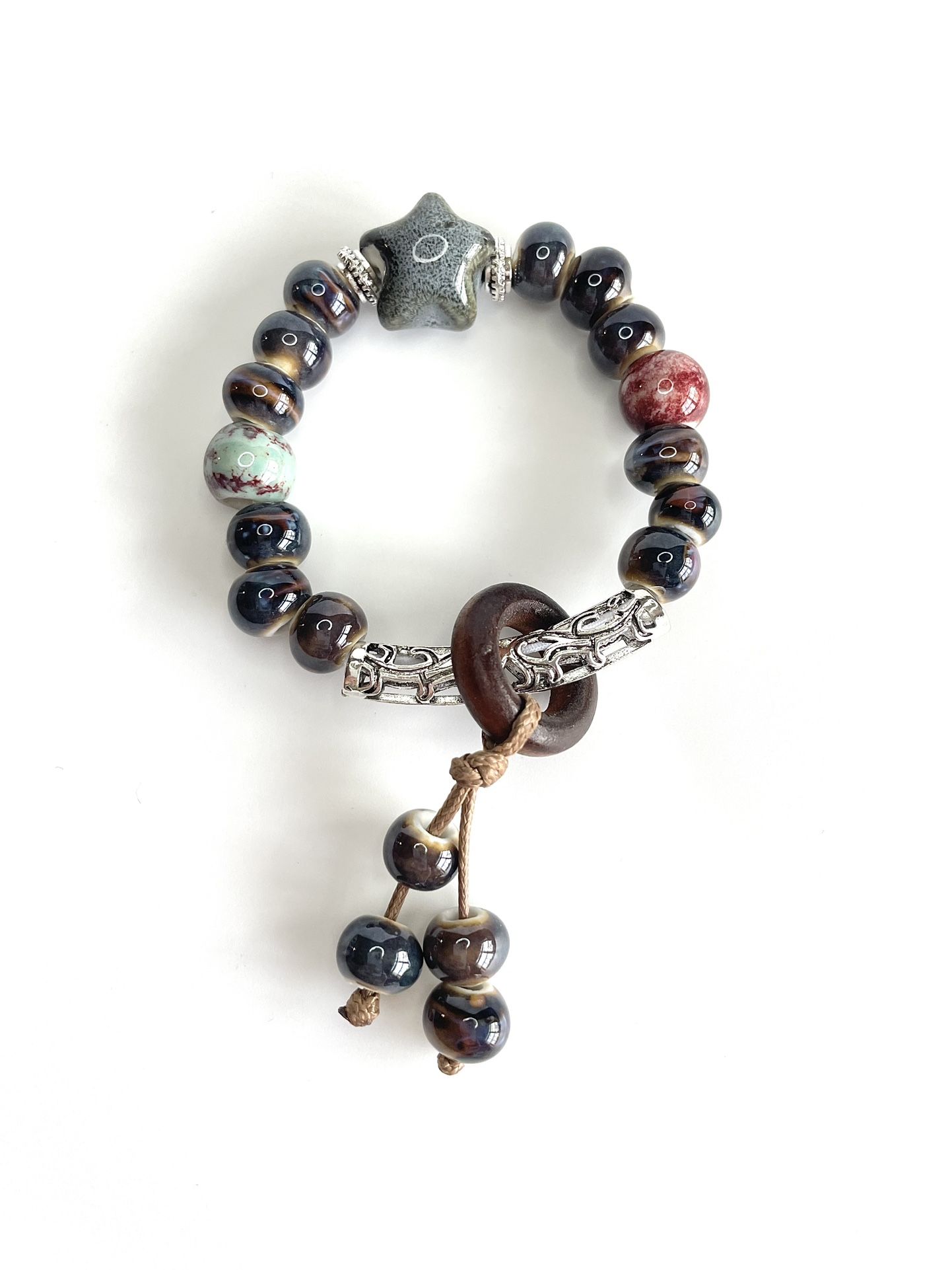 Smoky blue star Bracelet Elastic Stretchy ceramic beaded wood silver filigree